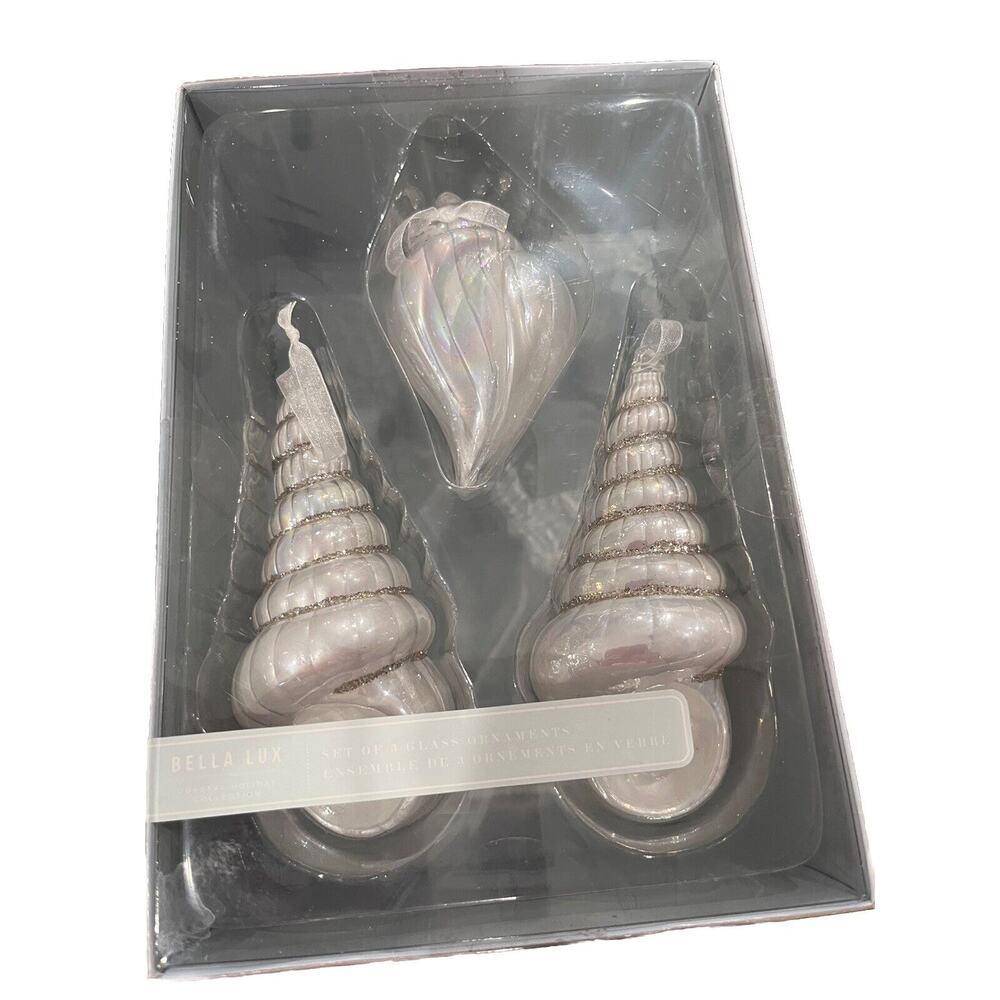 3 Large Mother of Pearl Glass Christmas Seashell Coastal Nautical Ornaments